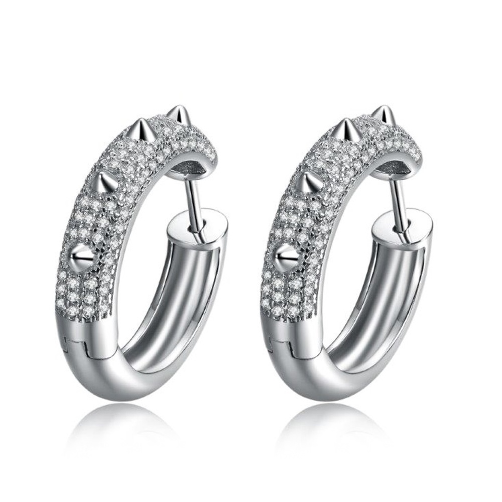 Fully Iced White Gold Sterling Silver Mens Cz Huggie Small Spike Hoop Earrings